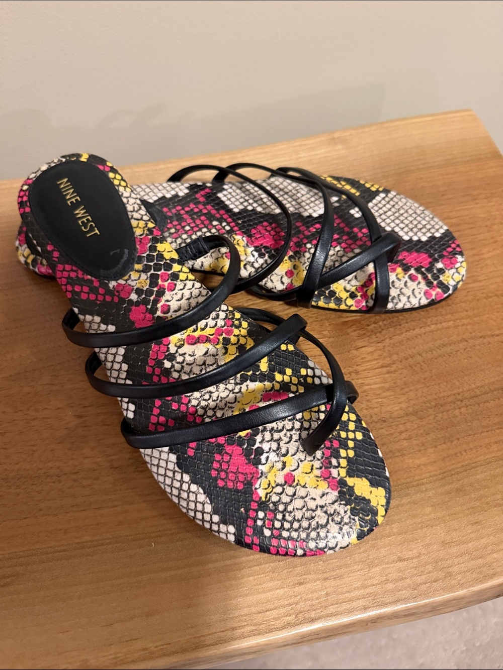Nine West Black Strappy Snake-Print Slide Sandals with Pink & Yellow Pattern